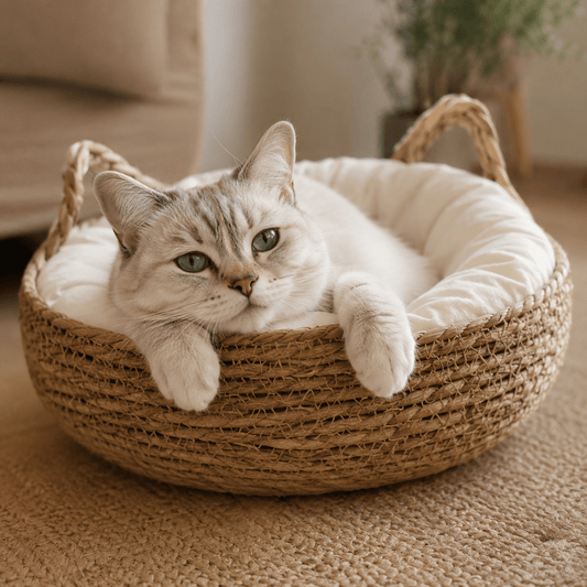 chat confortablement installé dans un panier chat en coton naturel au design cocooning et apaisant